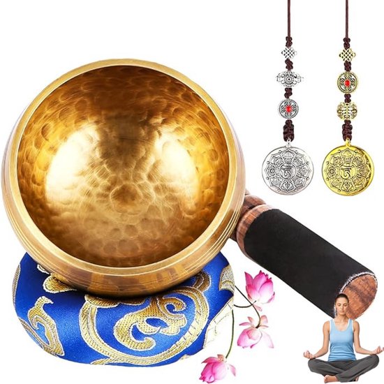 ibetaanse klankschaalset, Singing Bowl uit Tibet met stok en klankschaalkussen, wordt geleverd met 2 koperen ornamenten, handgemaakt in Nepal, voor yoga-meditatie, ontspanning. van Silent Mind