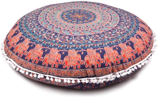 Indiaas mandala-tapijt, ronde zitplaatsen, mandala-kussen, meditatie kussensloop, handgemaakte kusseninzet, ronde mandala-kussen, blauw en rood van Merkloos