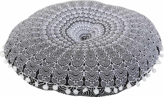 Indiaas yogakussen Mandala Saira zwart wit - Oosters zitkussen van Merkloos