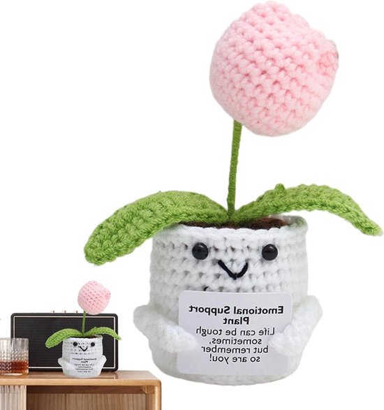 Inspirational Support Flower, Crochet Knitted Plush, Soft and Lightweight, Handmade Positive Companion Gift for Men, Women and Work, Home, or Travel 5.12 Inches Pink