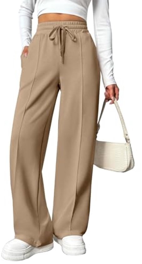 Joggingbroek dames hoge taille baggy wijde pijpen sweatpants met elastische taille en zakken - Kaki - M van Merkloos