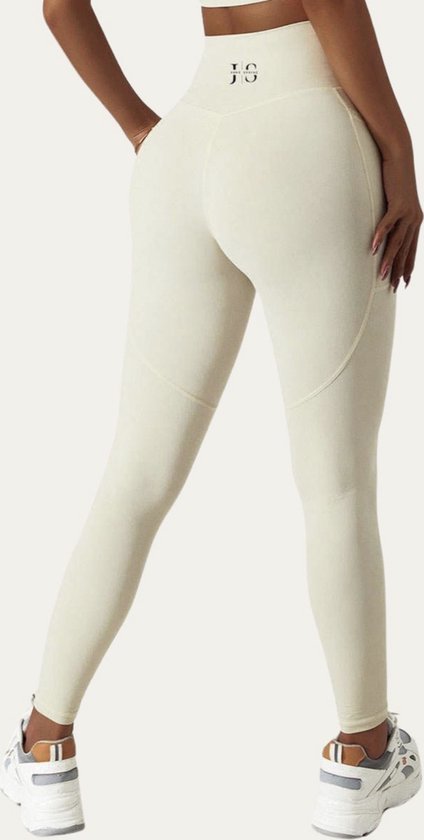 June Spring Sportlegging - Maat: XL - Kleur: Offwhite / Gebroken Wit - Korte Broek / Shorts - Lange Legging - Sportlegging Vrouw - Gym Legging - Dames Sportlegging - Fitness Outfit - Sportkleding - Legging met Zakken - Telefoonzak Legging
