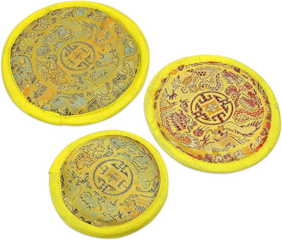 Katoenen kussens voor klankschaal - set van 3 - traditionele Tibetaanse patronen - geel - 10/12/14 cm van Merkaba