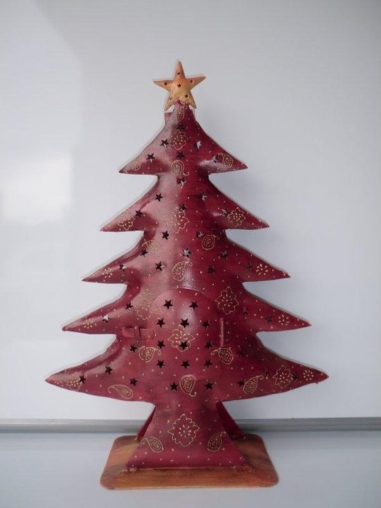 Kerstboom rood van ijzer - H66 - kerstdecoratie gerecycled blik van Merkloos