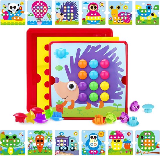 Kinder mozaïek knijperspel met 46 grote kralen en 12 kleurrijke kaarten Creatief educatief leerspeelgoed Voor knijpers vanaf 2 jaar(Egels) van Kinder