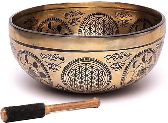 Klankschaal Brons - Heilige Geometry Klankschaal 22 cm. - Singing Bowl met aanslagstok - Tibetaanse Singing Bowl Metatron van Merkloos