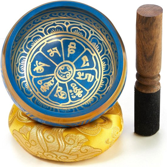 klankschaalset met klepel en klankschaalkussen in Lokta-papieren geschenkdoos. Klankschaal uit Tibet (Horizon Blauw) van Aards Affectie
