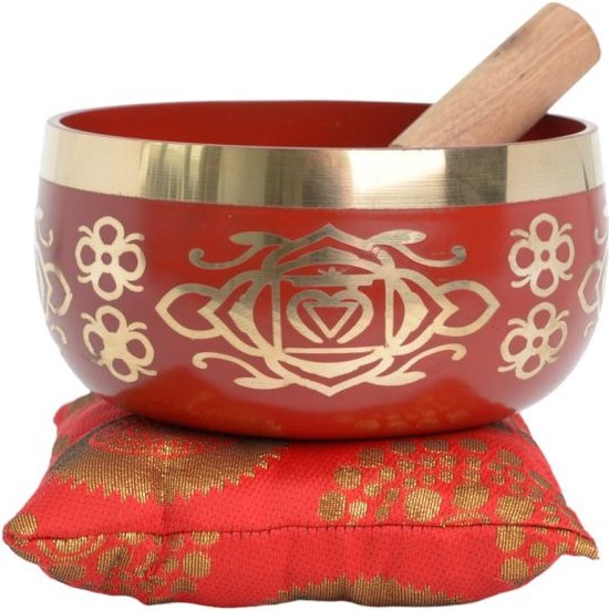 Klankschaalset met klopper en kussen - 1e chakra - klankschaal chakra 1 - het hart Chakra, dat geassocieerd wordt met de kleur rood