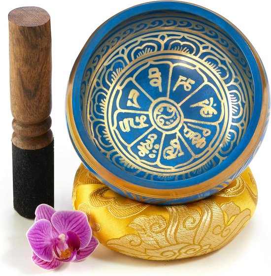 Klankschaalset met lepel en kussen - Horizon Blue - Tibetaanse zangkom in loktapapier geschenkbox van Inner Peace