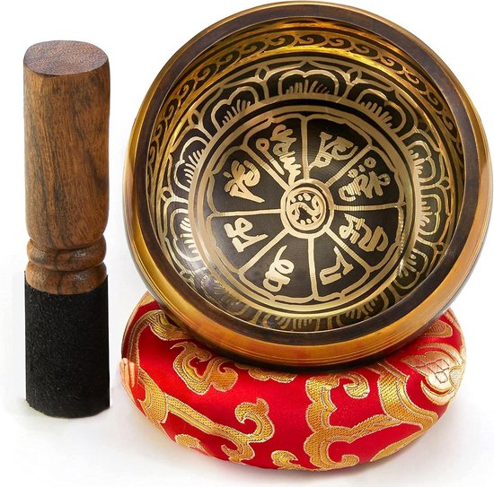 Klankschaalset met lepel en kussen in loktapapier geschenkbox - Tibetaanse Singing Bowl uit Tibet Mystic Black van Purityजर༄