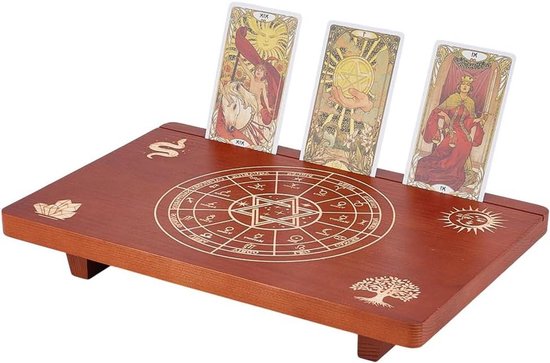 Kleine Houten Tafel - Meditatietafel Altaartafel - Spirituele Beoefening - Gravure Dierenriem Levensboom - 305 x 203 cm - Zadelbruin