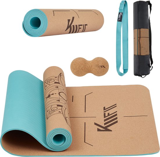 KM-Fit TPE Yoga mat - Fitness mat - Sport mat - extra dik - anti slip - gemaakt van natuurrubber, TPE en katoen - Incl. yogariem & fascia duoball - Mintgroen van KM-Fit