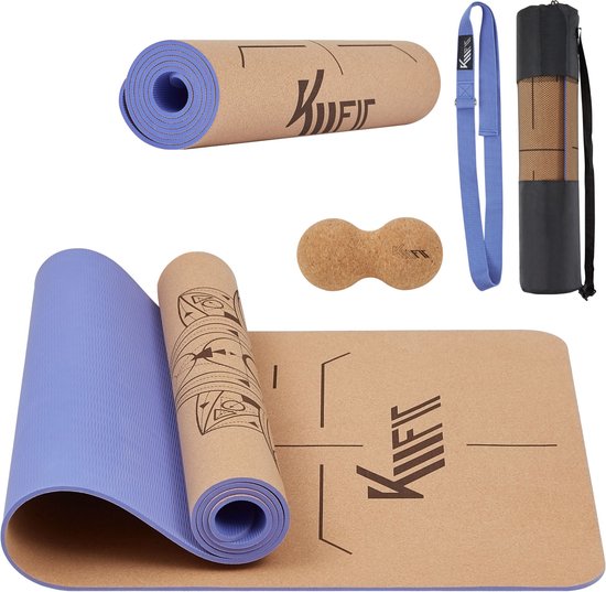 KM-Fit Yoga mat - Fitness mat - Sport mat - extra dik - anti slip - gemaakt van natuurrubber, TPE en katoen - Incl. yogariem & fascia duoball - Paars van KM-Fit
