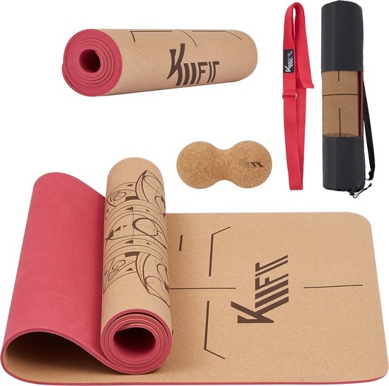 KM-Fit Yoga mat - Fitness mat - Sport mat - extra dik - anti slip - gemaakt van natuurrubber, TPE en katoen - Incl. yogariem & fascia duoball - Roze van KM-Fit