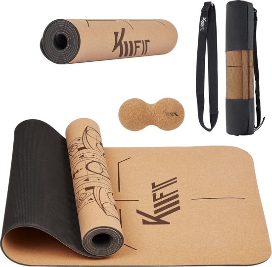 KM-Fit Yoga mat - Fitness mat - Sport mat - extra dik - anti slip - gemaakt van natuurrubber, TPE en katoen - Incl. yogariem & fascia duoball - Zwart van KM-Fit