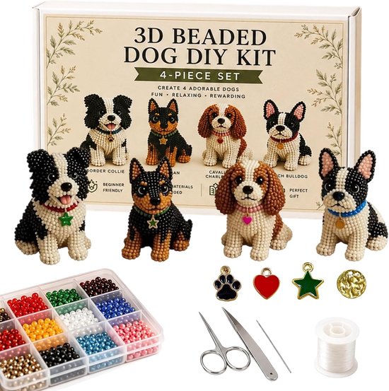 Knutselset met 3D-kralen en dieren, knutselset, kleine 3D-kralen met dier, doe-het-zelf kit, 3D-kralendieren, knutselset, handgemaakte honden, pareldieren, B-knutselset met handleiding (mogelijk niet