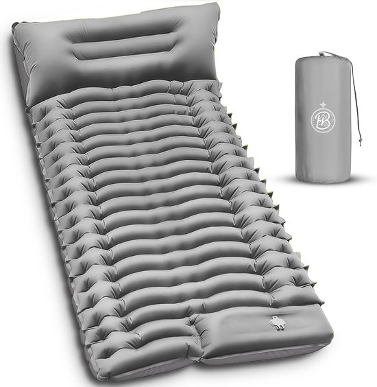 Kochar Slaapmat zelfopblazend - Slaapmat met ingebouwde voetpomp & hoofdkussen - Extra groot formaat - Camping matras - Slaapmatje - Grijs van Kochar