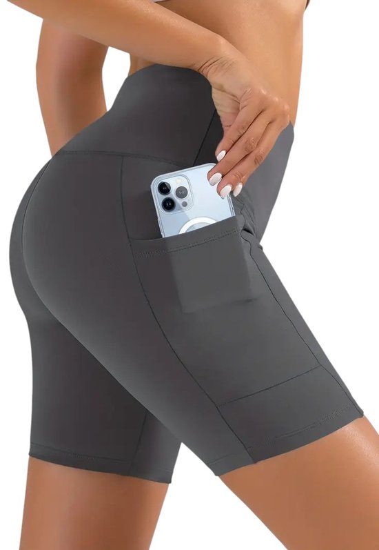 Korte Sport Broek - Met Zakken - Half Lang - Super Soft - Short Pocket Legging - Short - Dames - Sportbroek - Sportlegging - Korte Broek - met zakken - Comfortabel - Grijs - Donkergrijs - Maat XL van Merkloos