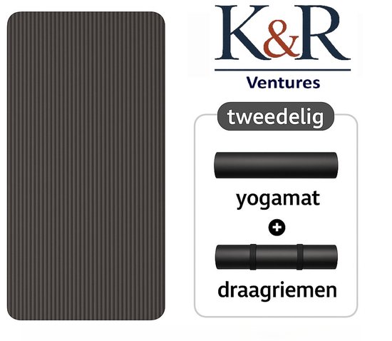 K&R Ventures® Yogamat – Niet giftige Hoge Dichtheid Fitnessmat – Antislip & Krasbestendig – Inclusief Draagriem – 185x61x1 cm – Voor Yoga, Pilates, Gym & Fitness – Zwart van Merkloos