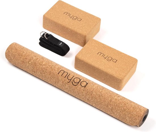 Kurk Yoga Starter Set - Yogamat Blokken Riem - Hot Yoga Pilates - Natuurlijke Kurk Grip - 183x66x02 cm - Zwart