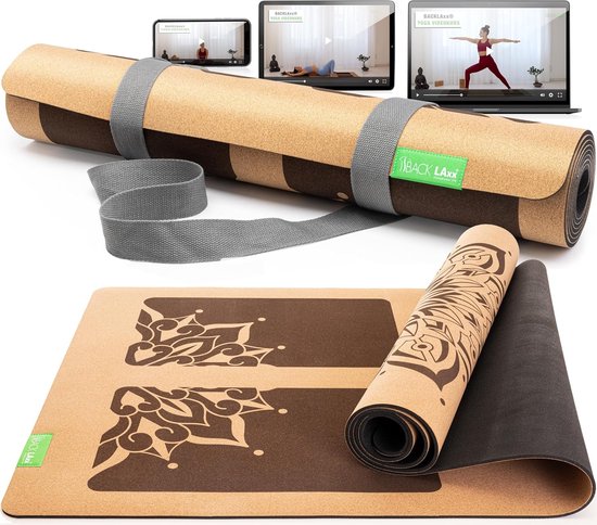Kurk yogamat met natuurlijk rubber – duurzame yogamat antislip vrij van schadelijke stoffen met anti-slip zones – incl. matband – yogamat kurk kurkmatten yoga van Kaizenly