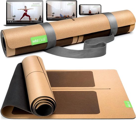 Kurk yogamat - natuurlijk rubber - duurzame yogamat antislip - vrij van schadelijke stoffen - anti-slip zones - incl. matriem - applicatiefolie Yogamat