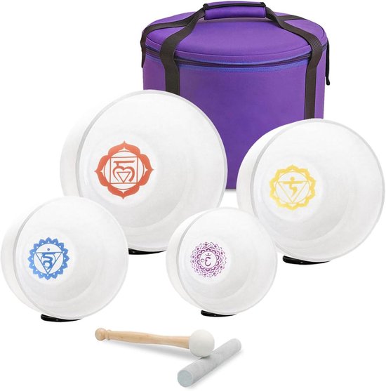 Kwartsklankschalen Set - 4 Chakra Set - Meditatie en Yoga - 432 Hz Stemming - 4 Delig - Gekleurd