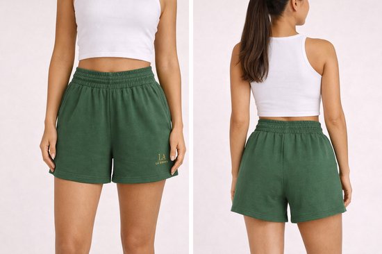 LA BOOTY Dames Short – Donkergroen – Katoenmix – Relaxed Fit – Zacht & comfy – Handmade in Belgium – Maat L