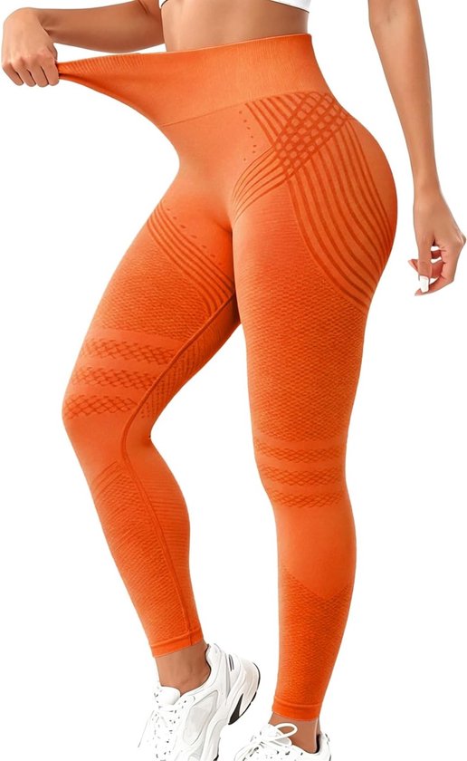Lange sportlegging voor dames met hoge taille en push-up effect, ondoorzichtig en ideaal voor yoga en pilates, anti-cellulitis (oranje, M)