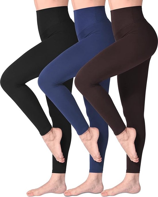 Legging met Hoge Taille voor Vrouwen - Boterachtig Zacht Niet Transparante Legging Voor Buikcontrole, Plus-maat Workout Gym Yoga Rekbare Broek - set van 3 - kleuren zwart/marineblauw/donker bruin - maat S,M van The Gym People