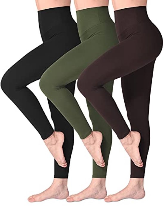 Legging met Hoge Taille voor Vrouwen - Boterzachte Yoga Broek voor Sport en Fitness (3-Pack Zwart/Leger Groen/Donker Bruin, S-M) van Merkloos