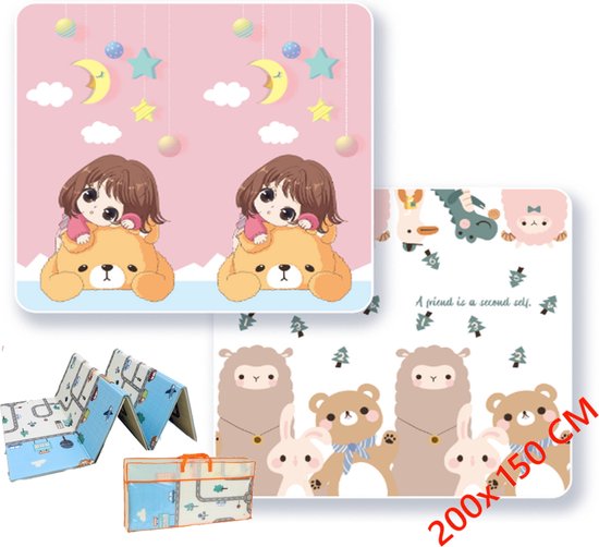 Levabe Speelmat - Baby - Kinderen - educatief - Kruipmat - Speelkleed - Dubbelzijdig - XL - Opvouwbaar - 1CM Dik - Foam - stadsverkeer - Giraffe & treintje - Meisje & Beertje - 150 x 200 CM - Inclusief Opbergtas van Levabe