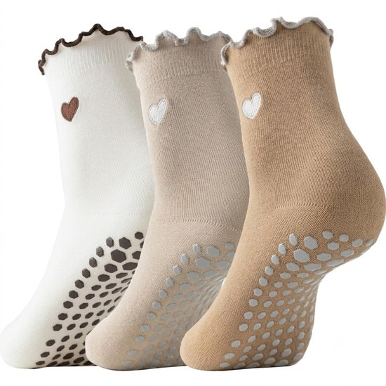 Lichtbruin antislip pilates sokken dames 3 paar ademende sokken met hartje antislip zool enkelsupport voetboogsteun geribde sokken voor yoga pilates barre fitness en dagelijks gebruik maat 36-40