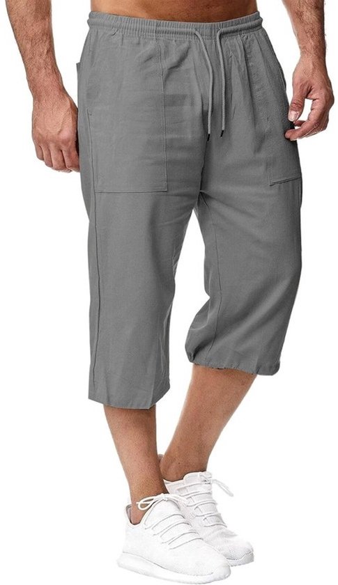 Lichte herenlinnenshorts 3/4-lengte met cargo zakken en verstelbare taille - zomerbroek