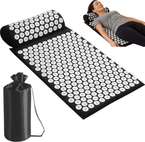 Lomera Acupressuur Mat - Spijkermat - Spijkerkussen - Acupressuur Set - Drukpunten Activatie - Katoen Materiaal - Abs Plastic Spijkerpads - Zwart/Wit Kleur - Opbergtas Inbegrepen - 230 Spijkerpads - 27 Drukpunten Per Pad Mat van Lomera