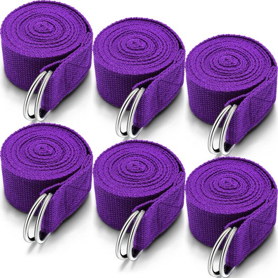 longziming-Yoga Riem - Yoga strap - Stretch Band - Pilates - 6 stuks - 2,4 meter - 3,8 cm breed - D-vormige metalen gesp - Antislip katoen-polyester - Zwart & paars - Voor flexibiliteit, rekken en yogahoudingen - Paars