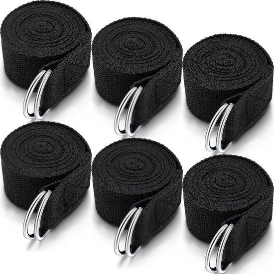 longziming-Yoga Riem - Yoga strap - Stretch Band - Pilates - 6 stuks - 2,4 meter - 3,8 cm breed - D-vormige metalen gesp - Antislip katoen-polyester - Zwart & paars - Voor flexibiliteit, rekken en yogahoudingen - Zwart van Merkloos