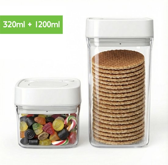 Luchtdichte Voorraadpotten Set (2 Stuks) - 1200ml & 320ml - Vacuüm Koffiebus met Pompsysteem - Vershoudbakjes - BPA-vrij - Stapelbaar - Transparant - Voor 450g Koffiebonen van Merkloos