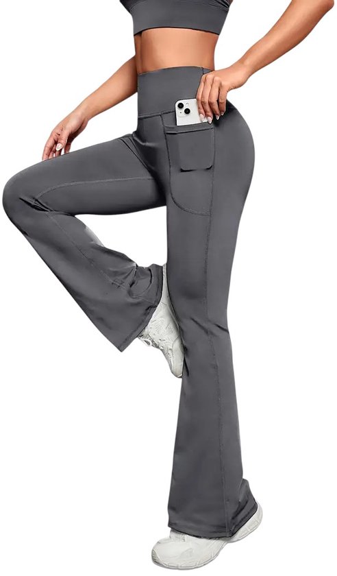 LUME Flare Dames Legging - Sportbroek met 2 Handige Zakken - Stijlvol, Comfortabel & Functioneel - High-Waist Pocket Legging - Flared Pants - Uitlopende Broek met Zakken - Grijs - Maat XXL van Merkloos