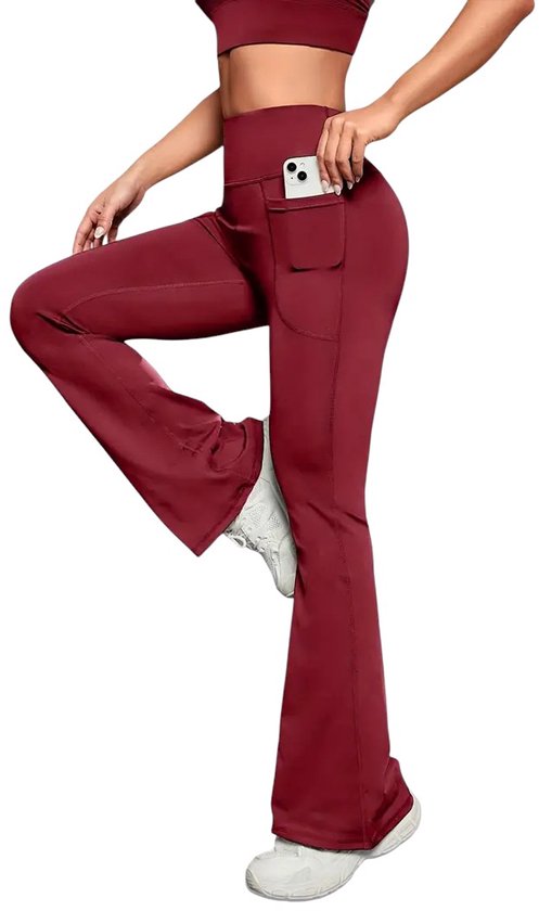 LUME Flare Dames Legging - Sportbroek met 2 Handige Zakken - Stijlvol, Comfortabel & Functioneel - High-Waist Pocket Legging - Flared Pants - Uitlopende Broek met Zakken - Rood - Maat S van Merkloos