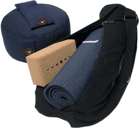 Luxe pakket yogamat, meditatiekussen, blok, oogkussen en tas - moon indigo van Habiba.