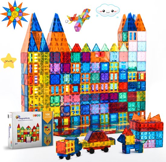 Magnetic Tiles- Magnetisch Speelgoed – 100 stuks - Constructie speelgoed - Magnetische tegels - Montessori speelgoed - Magnetic toys - Magnetische bouwstenen - Speelgoed Kinderen - Magna minds van Magna Minds