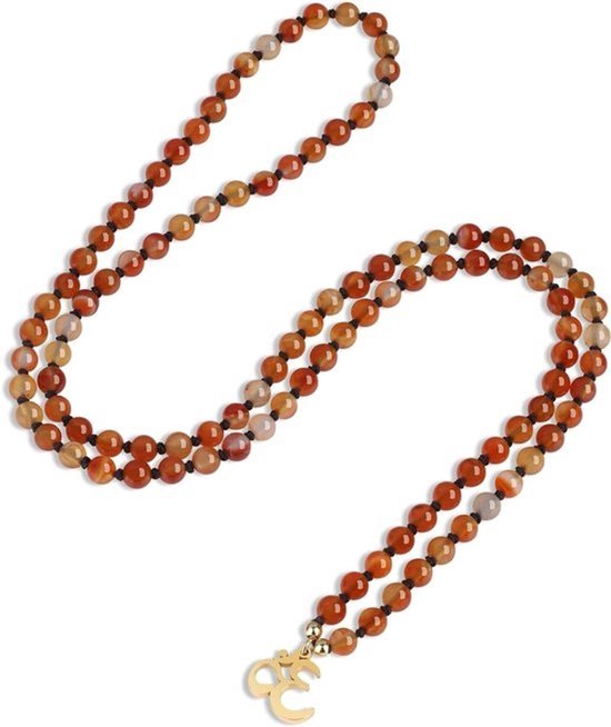 Mala Kralen Ketting - Spirituele Ketting - Meditatie en Yoga - Handgeknoopt 108 Kralen - Roestvrij Staal Bedel - Oranje