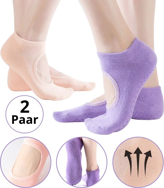 Malinsi® 2-Pack Yoga Sokken Antislip Dames - Pilates Yogasokken - Ballerina Pilatessokken - Ballerinas Open - Abrikoos & Paars van Malinsi