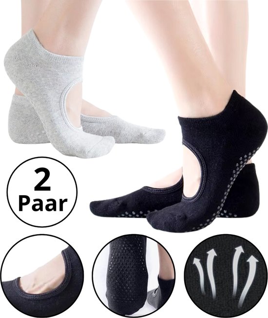 Malinsi® 2-Pack Yoga Sokken Antislip Dames - Pilates Yogasokken - Ballerina Pilatessokken - Ballerinas Open - Zwart & Grijs van Malinsi