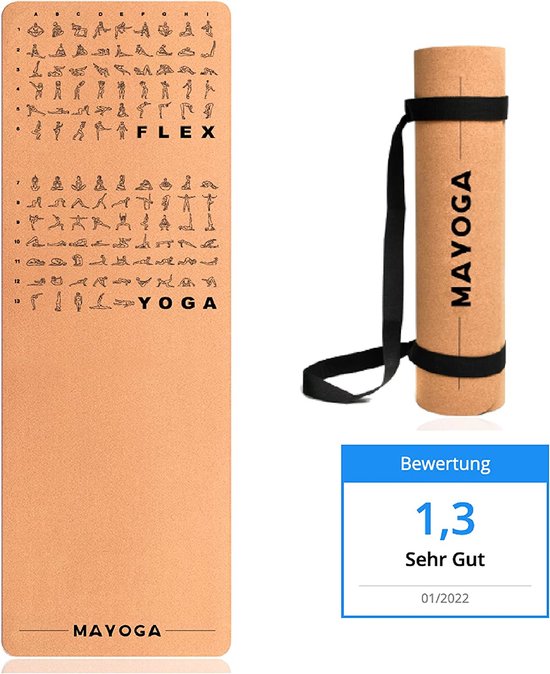 MAYOGA® Yogamat van kurk inclusief extra draagriem, met rek- en yoga-oefeningen, testwinnaar 01/2022 met de noot 1,3, de perfecte kurk-yogamat met 6 mm dikte, 183 x 61 x 0,6 cm van Merkloos