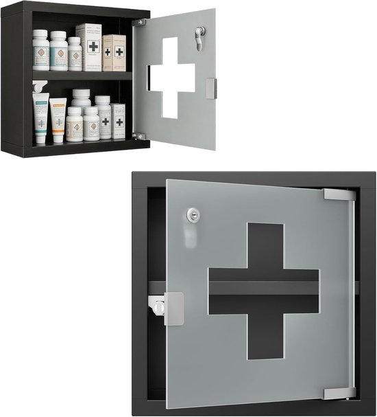 Medicijnkast zwart 30cm 4 vakken afsluitbaar | Medicijnkast zwart 30cm roestvrij staal glas, 2 vakken, afsluitbaar, veilige opslag van medicijnen