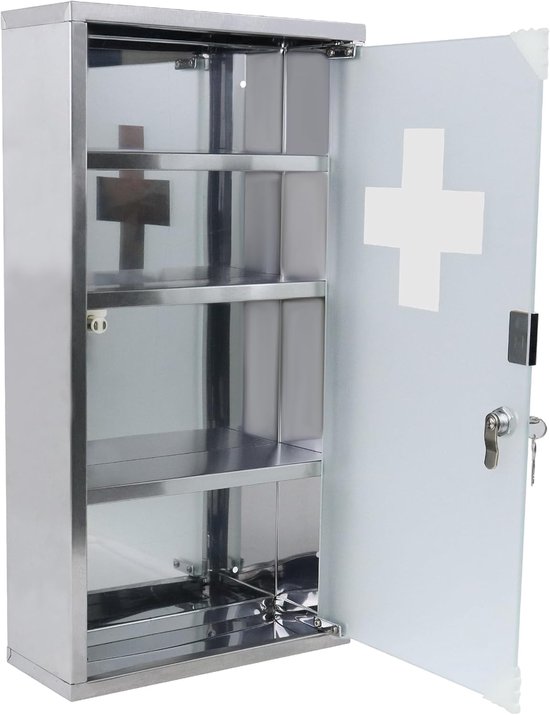 Medicijnkastje, apothekerskast van roestvrij staal, medicijnkastje met 4 vakken, medicijnkastje, hangend medicijnenopslag, 30 x 12 x 57,5 cm