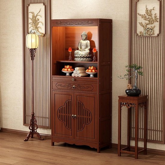 Meditatie Altaar Tafel - Boeddhistische Kast - Rituele Ruimte Creëren - Met Dubbele Deuren - 68 cm - Walnoot
