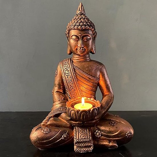 Meditatie Boeddha Ornament Beeldje met Kaarsenhouder - Zittend Boeddhabeeld voor Tuin en Balkon